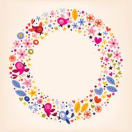 flowers hearts birds love nature circle retro frame background