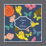 Retro design cards on roses and butterflies background