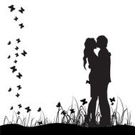 Couple kisses on a meadow black silhouette N2