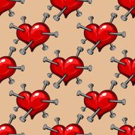 Seamless pattern of hearts studded with nails