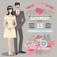Cute wedding invitation with bride groom floral elements