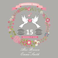 Cute wedding invitation with pigeons and floral wreath