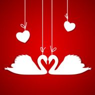 Red background with two white swans and hearts