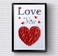 heart of red paper butterflies template with green background