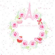 Flowers cupcakes Eiffel tower and bow vector design frame