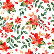 Watercolor floral seamless pattern with red flowers and leafs N2