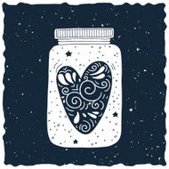 Hand drawn vintage print with a jar and decorated heart N5