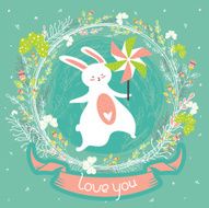 Cute summer greeting card with bunny and pinwheel N2