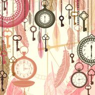 Vintage vector background with pocket watches and feathers