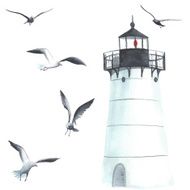 Watercolor lighthouse and seagulls N3