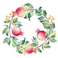 Vector round frame of watercolor pomegranate and berries