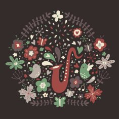 Floral design element with saxophone