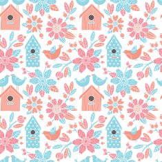 Seamless floral pattern with birdhouses N3