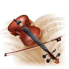 Classical violin on white background with musical notes