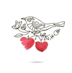 Picture of a bird sitting on branch with hearts N2
