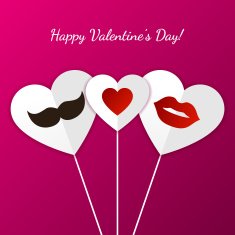 Happy Valentine`s Day greeting card Lips mustache and heart symbol