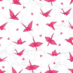 Origami cranes in love on the branches seamless vector print