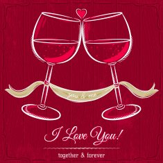 red valentine card with two glass of wine