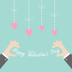 Businessman hands holding Valentines day text Hanging dash line hearts