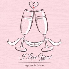 romantic card with two glass of champagne and wishes text