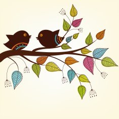 Beautiful two birds on a branch with variegated leaves