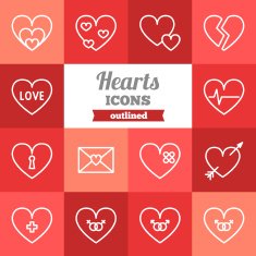 Set of flat outlined hearts icons
