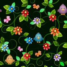 Floral seamless pattern with birds and butterflies