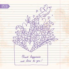 Illustration with hearts bird and flowers