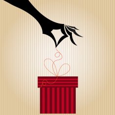 Woman hand opens gift box
