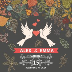 Wedding invitation with pigeons autumn leaves