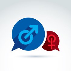 Speech bubbles with blue male and red female signs gender N2