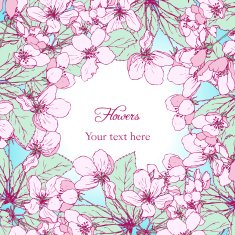 Floral frame with line drawing apple blossoms