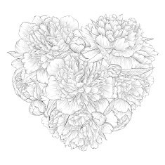 Beautiful monochrome black and white heart decorated by flowers peony