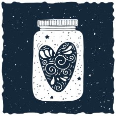 Hand drawn vintage print with a jar and decorated heart N5