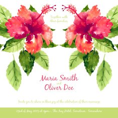 Vector background with red watercolor hibiscus N5