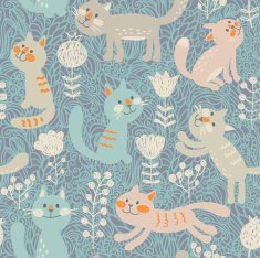 Seamless pattern in vector with cute cats and flowers