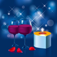 Heart-shaped candles&wine and rose petal