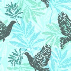 Seamless pattern with olive branches and pigeons