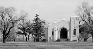 chapel in fort reno in black and white background