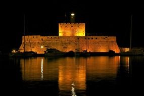 saint nicholas fortress at night, greece, Rhodes