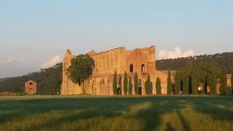 distant view of the abbey in tuscany
