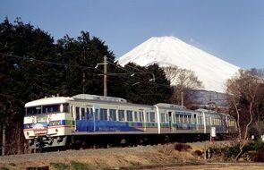 train on the background of Mount Fuji in Japan