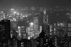 Panoramic view of Hong Kong at night in black and white image