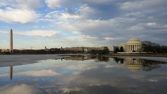 reflection of the sky and clouds in the The Tidal Basin, reservoir between the Potomac River and the Washington Channel in Washington, D.C.