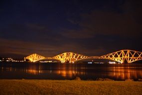 night view of The Forth Bridge illuminated , Scotland