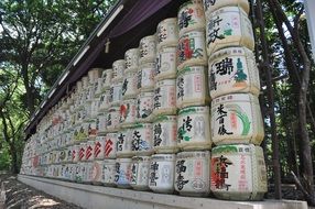 barrels of sake in Meiji Shrine in Tokyo, Japan