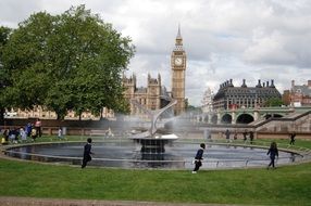 Westminster Bridge with fountain on the background of Big Ben, Westminster, London