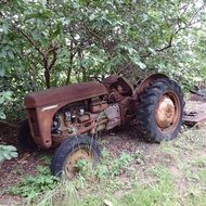 rusty tractor near green trees