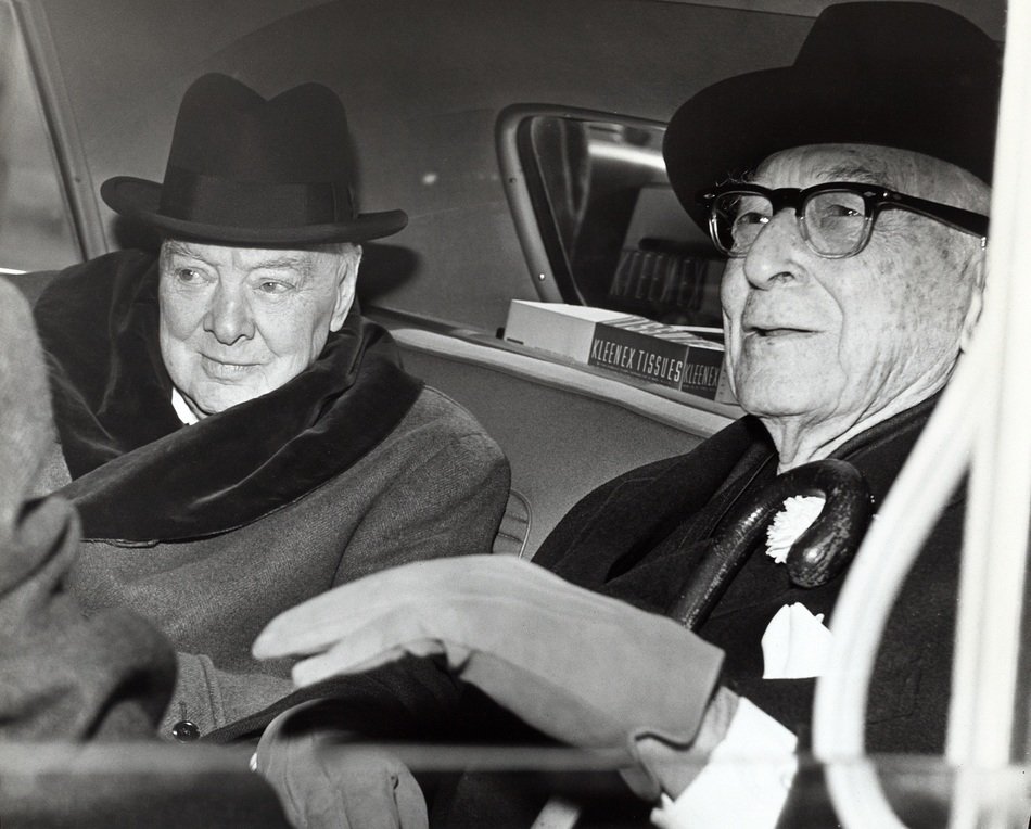 Churchill and Baruch in the car in black and white background