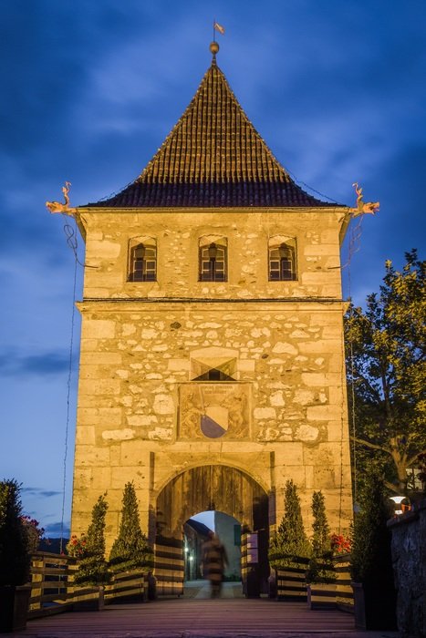 Laufen Castle gateway at dusk, switzerland, Laufen-Uhwiesen